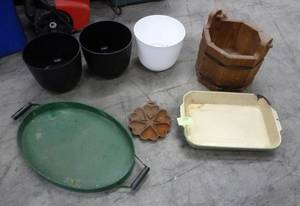 3 new plant pots, wood planter, enamel pan, vintage cast iron heart pan, tin tray