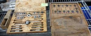 tap and die sets, one is in an old wood Tycos chlorinemeter Box