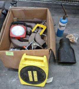 Box of downspout 90s, Snap-on light, clamps, garage hangers, propane torch, cord reel