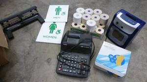 Heavy duty 3 hole punch, calculator, time clock, signs, outlet strips