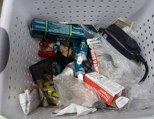 Tote of supplies, light bulbs, timer, 732 silicone, outlet