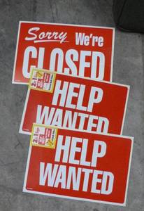 SEVEN 8-12x11 clear display sign holders and 2 boxes of 4 literature holders, plus Help Wanted signs