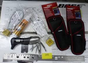 gun locks, knife pouches and multi tool for your car with tools, a point to break a window, torch, and tire pressure gauge