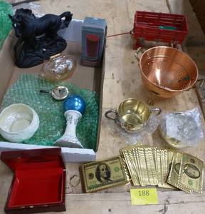 Mixed lot of items, gold 100 bill playing cards, shot gun shell timer, silver creamer and sugar, Belleek china dish