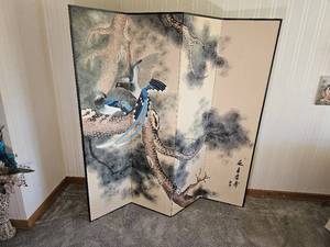 lot 5 image: Hand Painted 4 Panel Oriental Paper Screen Room Divider  6 ft