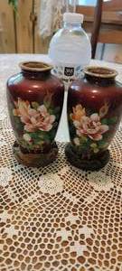lot 90 image: Petite Chinese Red Cloisonne Floral Vase Pair