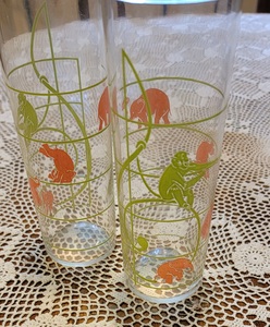lot 80 image: Retro Pink Elephant and Green Monkey Hi Ball Glasses