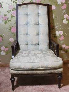 lot 285 image: Brilliant Vintage Carved Armchair with Tufted Light Blue Floral Upholstery