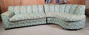 lot 21 image: Pristine Mid-Century Vintage Floral Sectional - Dazzling Blue  Moss Green