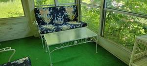 lot 55 image: Vintage Iron Patio Loveseat  Swivel Chair  Cocktail Table  Side Table