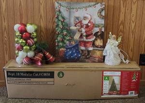 lot 74 image: 6.5 FT Pre-lit Madison Pine Tree and Misc. Christmas Decor
