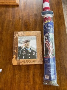 lot 139 image: U.S. Flag Pole Set and Framed Hero Picture