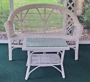 lot 126 image: Wicker Loveseat and glass top table