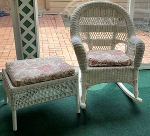 lot 127 image: White Wicker Rocker and Ottoman with Cushions