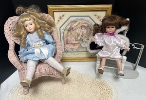 lot 198 image: Two Porcelain Dolls with Chairs