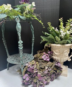 lot 174 image: Cast Iron Plant Stand and Resin Urn and Floral