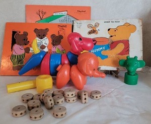 lot 24 image: Vintage Wood Playskool puzzles and misc toys