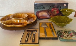 lot 123 image: Vintage Entertaining Lot -Lazy Susan, Teakwood Cheese Tray Misc.