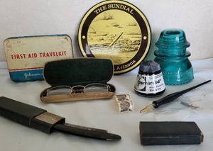 lot 252 image: Antique Wire Rim Glasses and vintage items