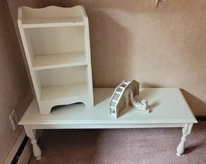 lot 209 image: Painted White Wooden Bench, Side TableShelf and Hanging Shelf