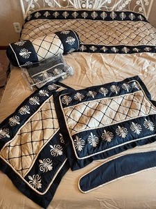 lot 220 image: Oversized King Comforter Set - Shams, Bed Skirt, Pillow, Curtain Tie Backs