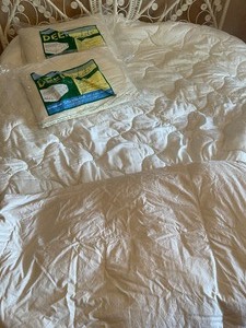 lot 221 image: Full Size White Down Comforter, Mattress Protector and Pillows