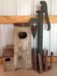 lot 88 image: Yard Art LOT Wooden Water Pump and 2 Bird Houses