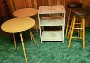 lot 332 image: Vintage Three Tier Metal Kitchen Cart, Bar Stools, Table