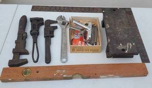 lot 213 image: Vintage Hand Tool LOT - Pipe Wrenchs, Wooden Level and a Fish Skinner