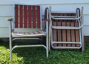lot 222 image: Aluminum Redwood Slat Folding Chairs Lot of 3 MCM