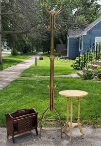lot 235 image: Brass Coat Rack with Round Accent Table