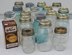 lot 250 image: Large LOT of Thirty-Five Mason Jars, Lids