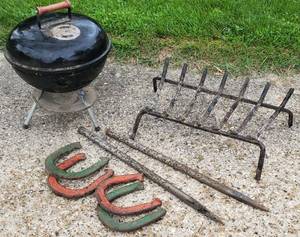 lot 271 image: Camping Fun LOT - Small Charcoal Grill and Horseshoes Game Set