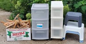 lot 278 image: 3-Drawer Plastic Organizers, Step Stools and Wooden Hangers