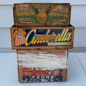 lot 220 image: Three Vintage Wood Crates with Advertising