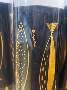 lot 1 image: Fred Press Vintage MCM Black and Gold Tumblers with Fish Design