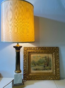 lot 18 image: Vintage Gold Framed Picture and Marble and Brass Table Lamp