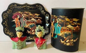 lot 23 image: Vintage Metal Tray and Trash Can, Chalkware figures