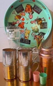 lot 27 image: MCM Retro Masonware Bar Tray Joe Carpenter Illustrations and Lot of barware