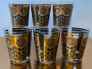 lot 50 image: Vintage Libbey Set of 6 MCM Prudential The Rock Tumblers Black and Gold