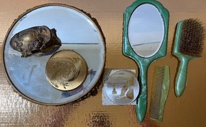 lot 36 image: Vanity SetCollectibles 7 Pieces Beveled Footed Mirror, Trinket Box and more