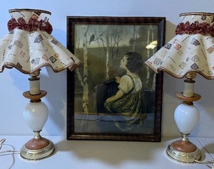 lot 51 image: Antique Artwork Spring Song and Two Vintage Lamps Milk Glass and Wood