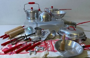 lot 44 image: Adorable Childrens Kitchen Set with Utensils 20 pieces Aluminum and Wood
