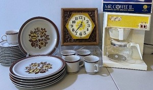 lot 55 image: Vintage Kitchen Lot Mr. Coffee Maker, Wall Clock, Dishes Yellow