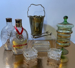 lot 56 image: Vintage Mid Century Brass and Glass Barware and Ashtray Cigarette Set