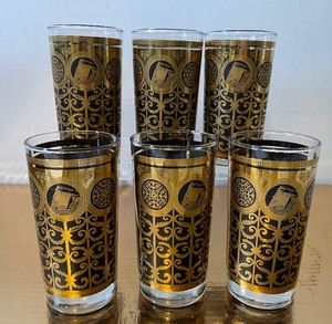 lot 60 image: Set of 6 Libbey Tumblers Black and Gold MCM Prudential The Rock