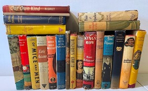 lot 62 image: Lot of 20 Vintage Hardcover Books with Dustcovers Of Mice and Men, Pride and Prejudice, Her Husbands House etc