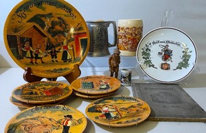 lot 63 image: German Wood Plate Decor Lot, Steins, Book