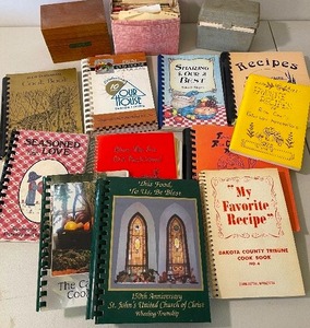 lot 95 image: Lot of 10 Vintage Church Style Cookbooks and Two Boxes of HandwrittenClipped Recipes