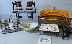 lot 64 image: MCM Entertaining Lot Red Wing Nut Bowl Electric Trivet Boomrang Design, MCM Carafes and More